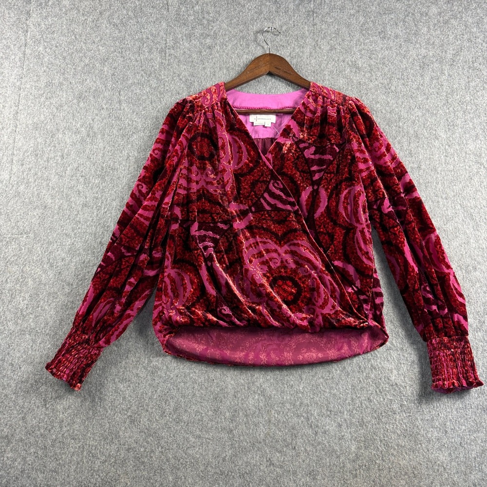 Anthropologie Women Velvet Faux Wrap Top S Pink Burnout Blouse OB1370920